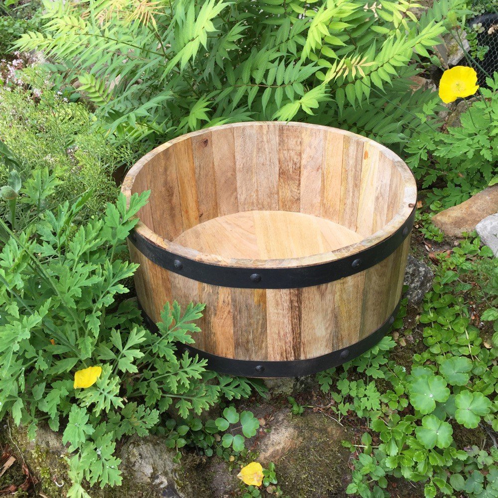 Ein sehr stabiles Holzfass mit Eisenringen als Miniteich.