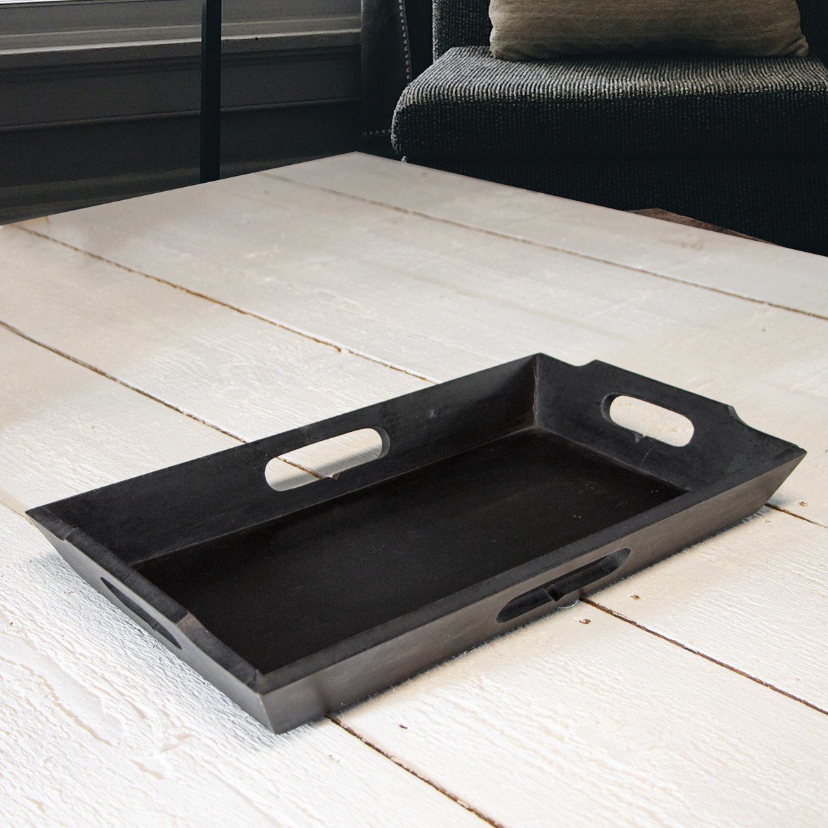 Dillman Serviertablett, großes schwarzes Holz, rechteckiges Essenstablett,  Butler-Tablett, Frühstückstablett mit Griffen (klein)