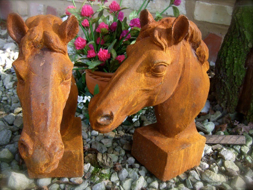 Gartendeko Pferd Eisen-Rost Pferdekopf Skulptur für Pfosten und Mauerpfeiler 