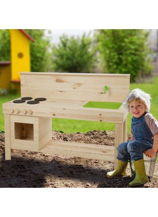 Matschküche für Kinder | Holz, Beige, Grün  | H 80,0 x B 145,0 cm