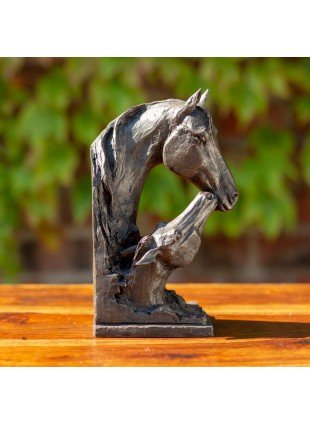 Buchhalter Stute mit Fohlen, Buchstütze Pferde, Pferdeskulptur in Bronzeoptik