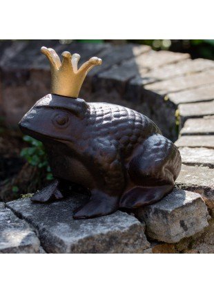 Skulptur Froschkönig, Frosch aus Gusseisen, Gartenfigur Antik-Braun, rustikal