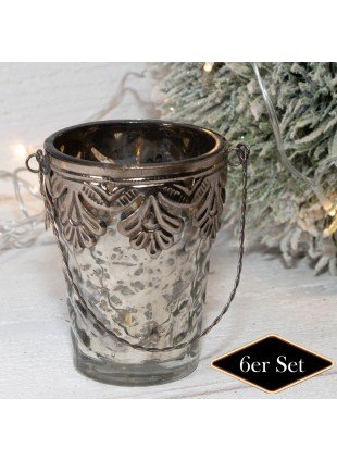 Teelichthalterset, Ornament, 6er Set | Glas, weiß, Silber | H10,0xB9,0 cm