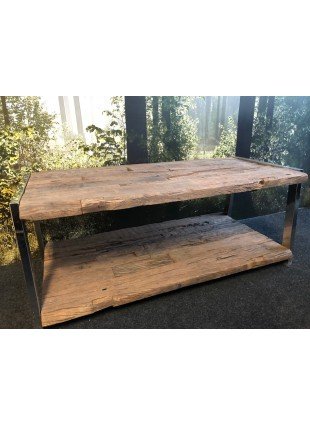 Tisch mit 2 Fächern aus naturbelassenem Holz mit verchromtem Gestell- H.50
