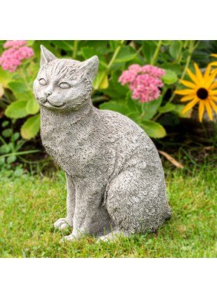 Katzenskulptur - sitzend, neugierig  | Stein, Grau, Struktur | H30,0xB14,0cm