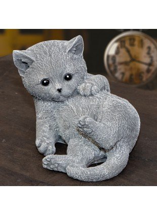 Spielende Katze als Steinfigur, Garten Deko, Haustür Tierfigur, Skulptur