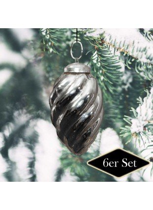 Christbaumkugeln in Zapfen-Form, gedreht, Silber, Weihnachten, 6er Set