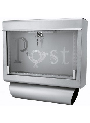Wandbriefkasten mit Zeitungsrolle Edelstahl Glas Briefkasten Designer Postkasten