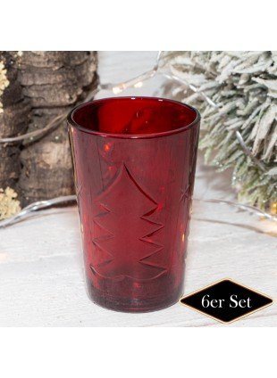 Teelichthalterset, Baum, 6er Set | Glas, Rot | H9,5xB6,5 cm