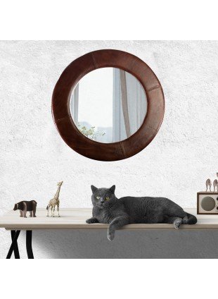 Ein wunderbarer Spiegel mit Rahmen aus Echtem Leder, Rund, Braun
