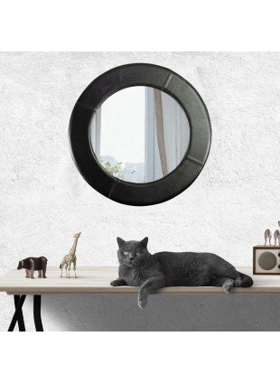 Ein wunderbarer Spiegel mit Rahmen aus echtem Leder, Rund, Schwarz