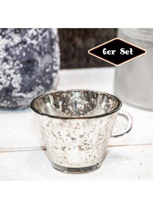 Teelichtset, 6er, Tassenform, Chabby Chic | Glas, Silber | H 7,2 x B 10,0 cm