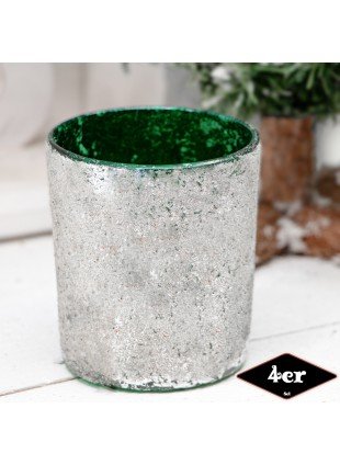 Teelichthalterset, Glitter, 6er Set | Glas, grün, Silber | H9,5xB8,2 cm