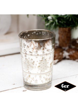 Teelichthalterset, Weihnachtsmotiv, 6er Set | Glas, Silber | H9,5xB6,0 cm