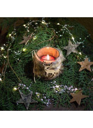 Schöner Teelichthalter, Windlicht Hirsch, Winterdeko mit Kunstfell Weihnachten